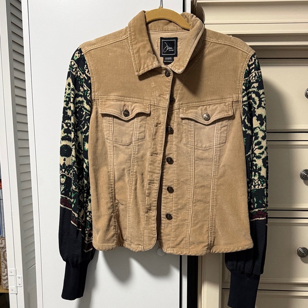 One of a kind Tan corduroy Jacket with Patterned Sleeves